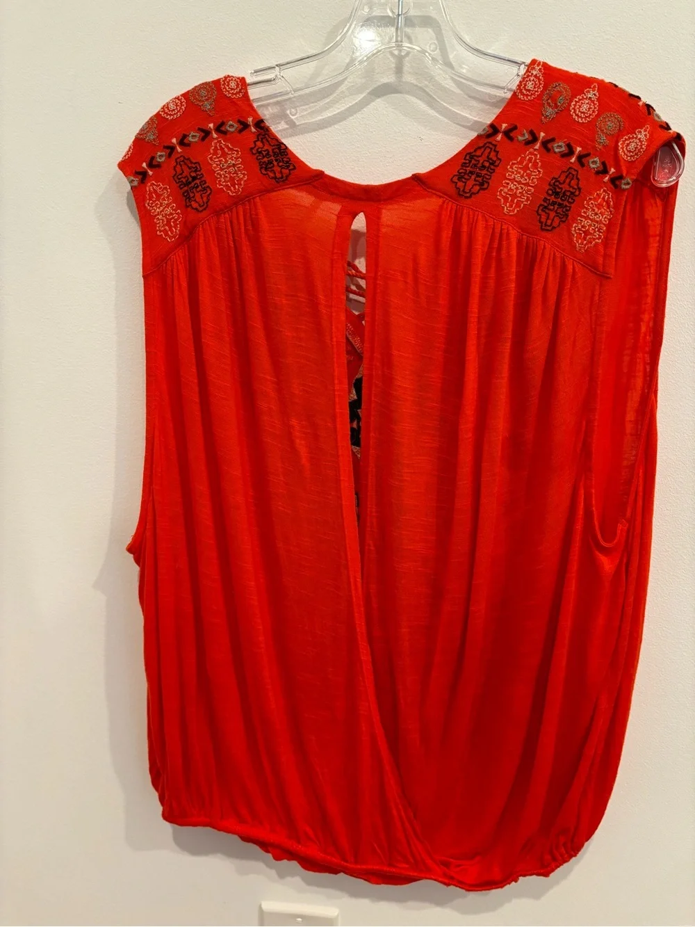 Free People Embroidered Bohemian Tassel Sleeveless Top Open Back Orange Women M